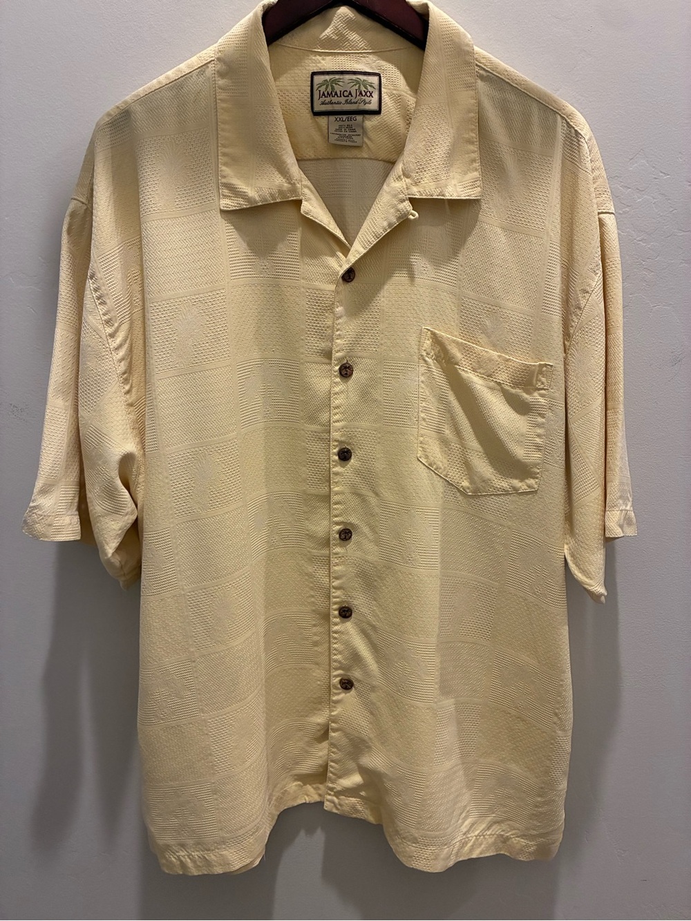 Jamaica Jaxx Mens XXL Silk Shirt Short Sleeve Yellow Jacquard Camp Button Up